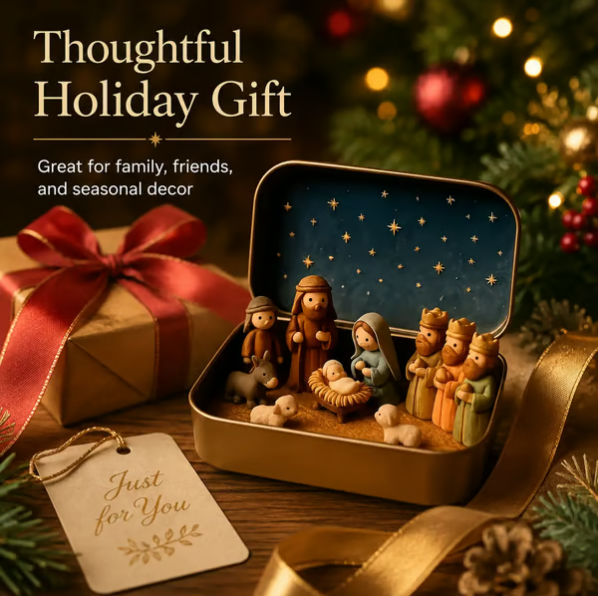 Mini Nativity Scene Set with Storage Box – Hand Painted Christmas Religious Figurines Decoration