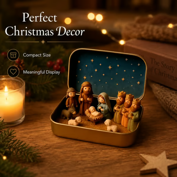 Mini Nativity Scene Set with Storage Box – Hand Painted Christmas Religious Figurines Decoration