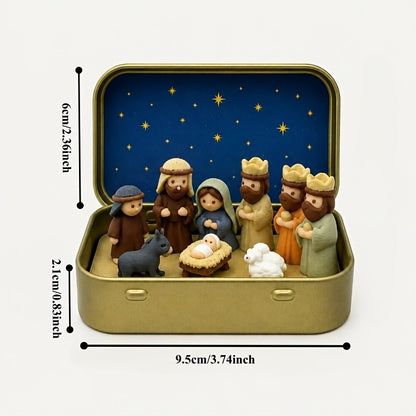 Mini Nativity Scene Set with Storage Box – Hand Painted Christmas Religious Figurines Decoration