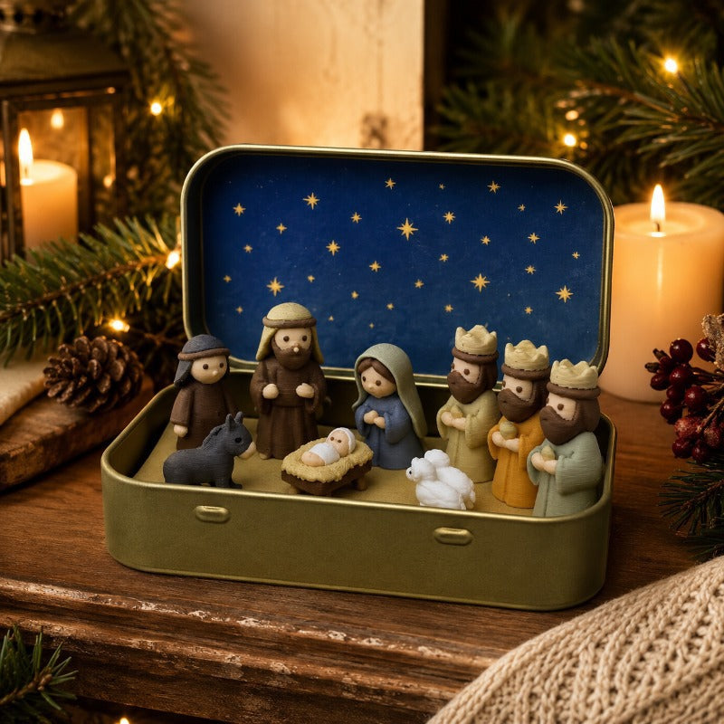 Mini Nativity Scene Set with Storage Box – Hand Painted Christmas Religious Figurines Decoration