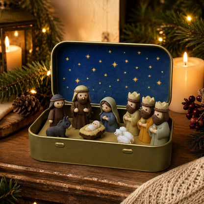 Mini Nativity Scene Set with Storage Box – Hand Painted Christmas Religious Figurines Decoration